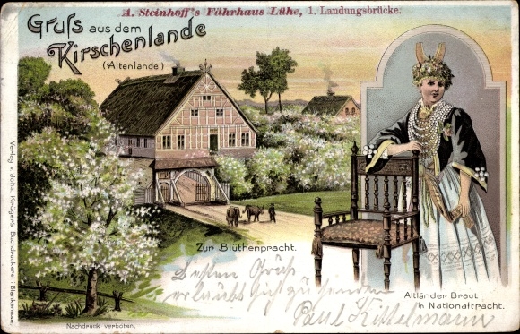 Chromo-Litho Jork in the old country, cherry country, ferry house Lühe, flowers, old country bride in costume