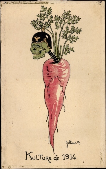 Artist PC Gilbert, Kulture de 1914, skeleton with Prussian helmet in a carrot