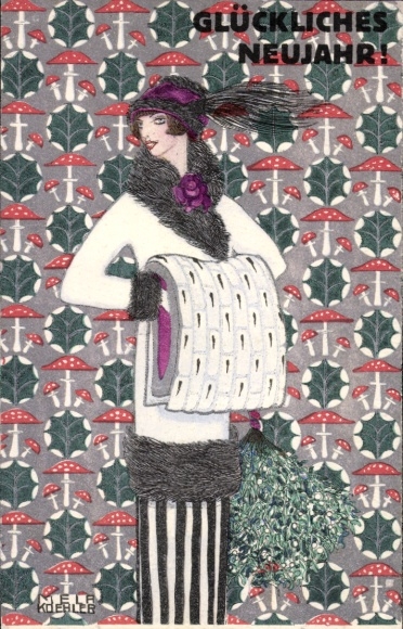 Artist Postcard Köhler, M., Happy New Year, Woman Portrait, Mustard, Mushrooms