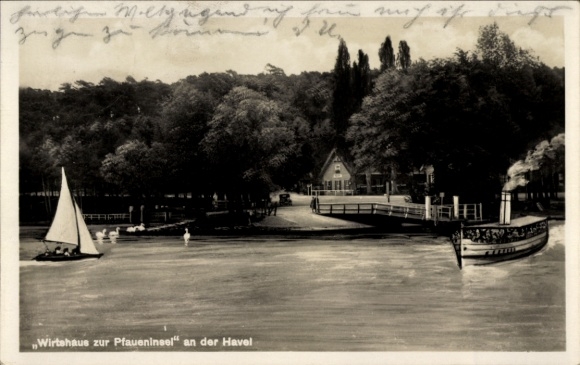 Ak Werder an der Havel, Wirtshaus zur Pfaueninsel, Ausblick auf die Havel, Segelboot, Ruderboot