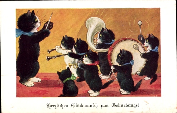 Artist Postcard Cats playing music, timpani, wind instruments, triangle
