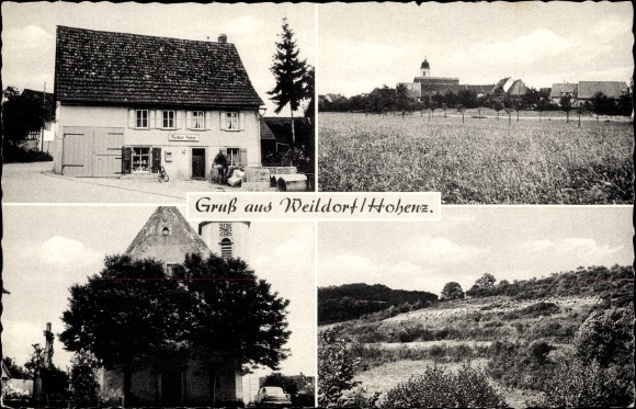 Ak Weildorf Haigerloch im Zollernalbkreis, Geschäft Norbert Huber, Panorama, Kirche