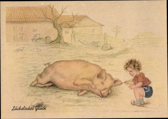 Artist Postcard Smiling luck, child tickles a pig with a fern