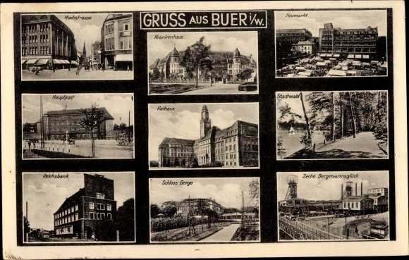 Postcard Buer Gelsenkirchen in the Ruhr area, elevated road, hospital, Neumarkt, main post office, colliery