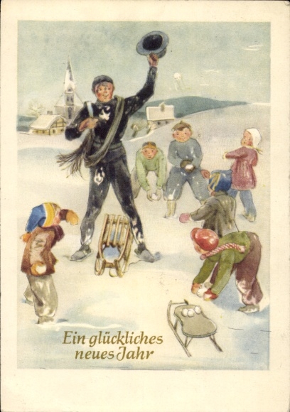 Happy New Year, chimney sweep, children, snowball fight
