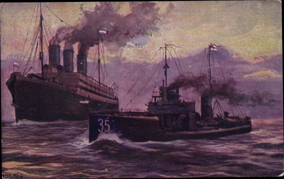 Artist PC Duitse torpedoboot vangt Russische hulpkruiser in de Golf van Finland, I. WW