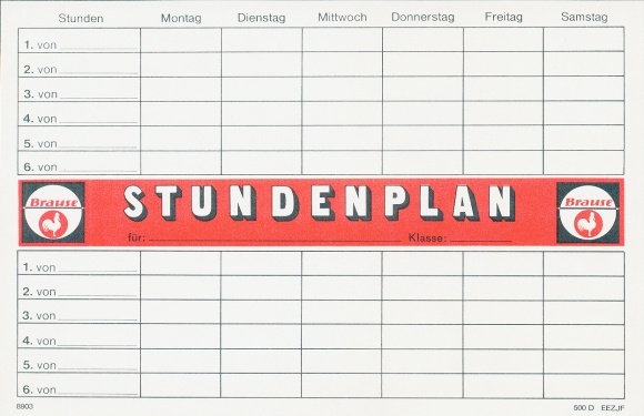 Stundenplan Brause Zeichengeräte, hilft lehren und lernen, um 1970
