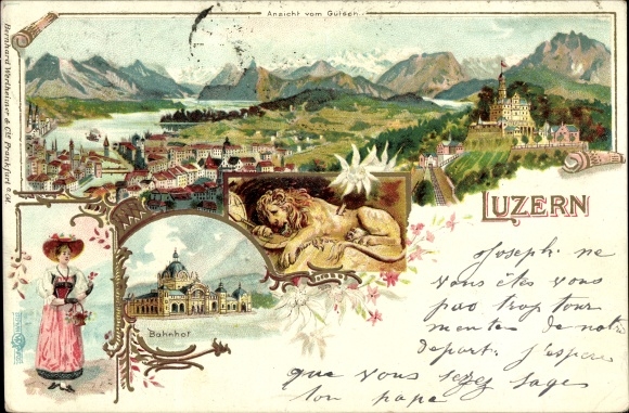 Chromo-Litho Lucerne city Switzerland, panorama, woman in costume, train station, lion