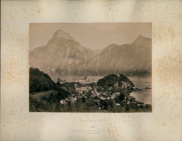 Photo around 1880, Traunkirchen Lower Austria, view of the town and the Traunsee, mountain panorama