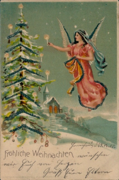 Glitter litho Vrolijk Kerstfeest, Engel, Kerstboom