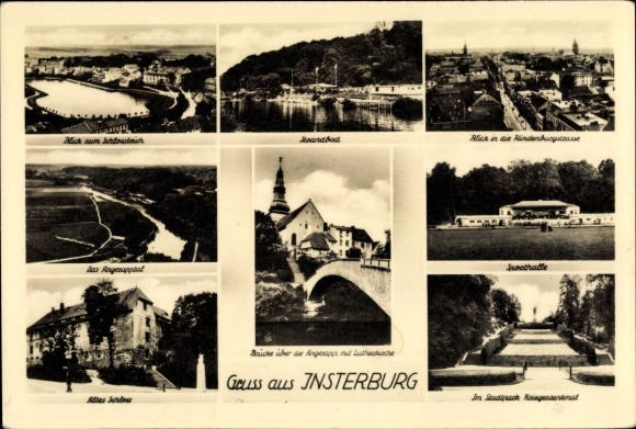 Ak Tschernjachowsk Insterburg Ostpreußen, Schlossteich, Strand, Sporthalle, Hindenburgstraße, Brücke