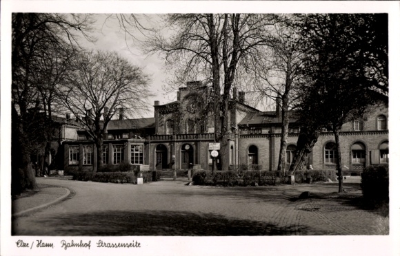 Hamm in Westphalia, train station, street side, old architecture, black and white, trees