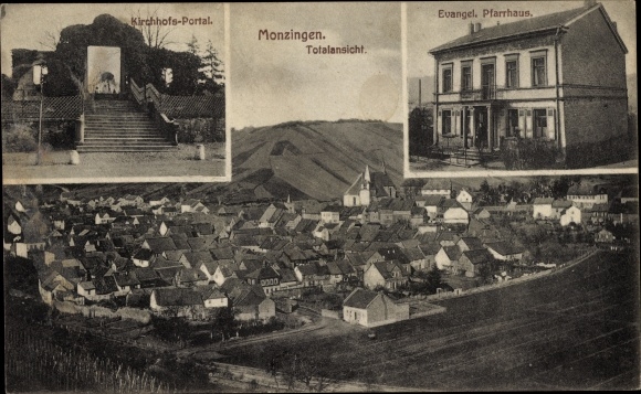 Ak Monzingen an der Nahe, Gesamtansicht, Kirchhofsportal, Ev. Pfarrhaus