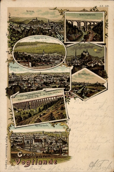 Chromo-Litho Greiz in Thuringia, Elsterberg, Plauen, Göltzschtal Bridge, Reichenbach, Netzschkau, Mylau