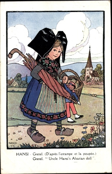Artist Postcard Hansi, girl in Alsatian costume, Gretel, French soldier doll