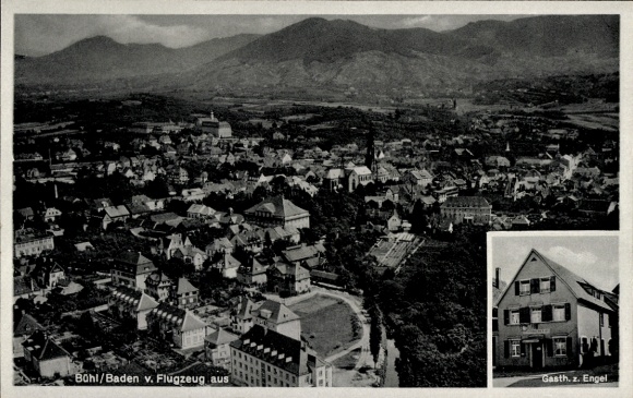 Postcard Bühl in Baden Black Forest, aerial photograph, Gasthaus Zum Engel