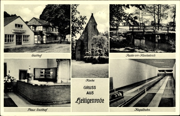 Postcard Heiligenrode Stuhr Lower Saxony, Pleus Gasthof, owner Georg Meyer, Klosterbach, bowling alley, church