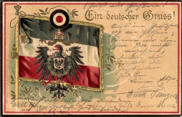 Embossed Coat of Arms Chromo-Litho A German Greeting, Imperial Flag, Prussian Eagle