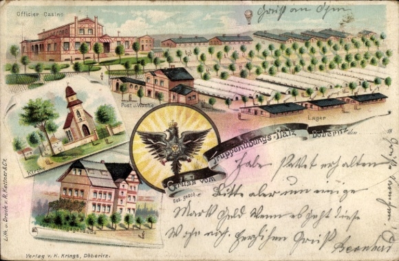 Chromo-Litho Dallgow Döberitz in Havelland, military training area, camp, tethered balloon, officers' mess