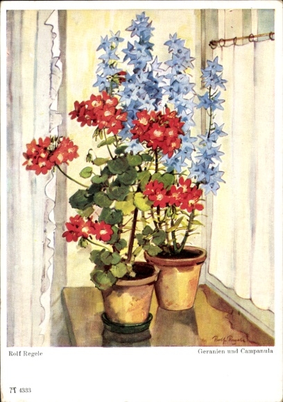 Artist Postcard Regele, R., Geraniums, Campanula, Bouquet