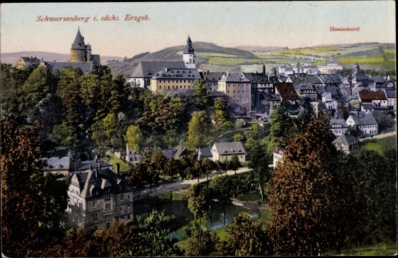 Postcard Schwarzenberg in the Erzgebirge of Saxony, view of the city, junior high school