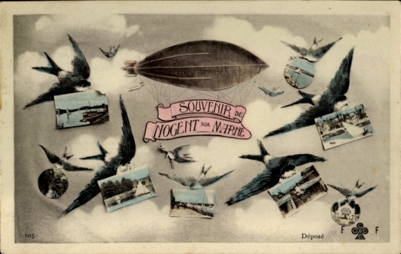 Postcard Nogent sur Marne Val de Marne, harbor, promenade, swallows, zeppelin