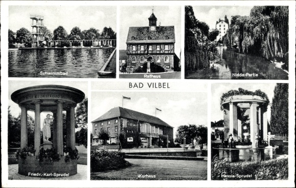 Ak Bad Vilbel in Hessen, zwembad, gemeentehuis, Nidda, Hassia Sprudel, Friedr. Karl Sprudel