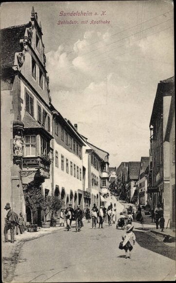 Postcard Gundelsheim am Neckar Württemberg, Schlossstrasse with pharmacy