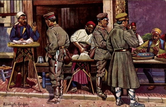 Kunstenaarsbriefkaart Lüschwitz-Koreffski, Uesküb Macedonië, straatleven
