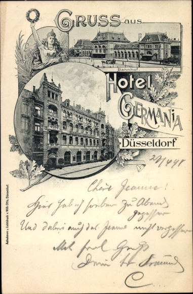 Postcard Düsseldorf am Rhein, train station, Hotel Germania