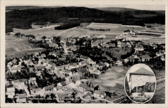 Postcard Otzenhausen Nonnweiler an der Saar, aerial photography, Kaffee Hunnenring Ober-Otzenhausen
