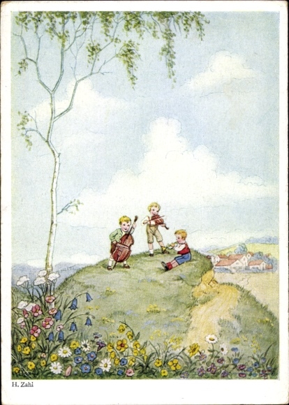 Artist Postcard Zahl, H., Three boys making music on a hill, Primus 2615