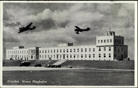 Postcard Dresden Klotzsche, new airport, truck, planes in the air