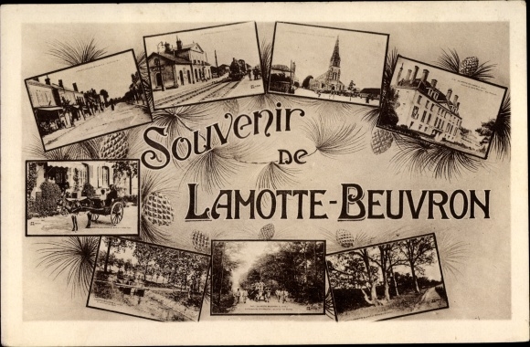 Postcard Lamotte Beuvron Loir et Cher, station, horse-drawn carriage, church, main street