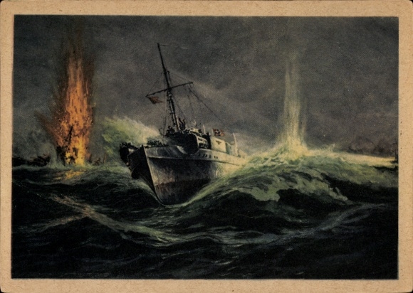 Artist Postcard Kriegsmarine, S-boat attack on escort destroyers on the English coast