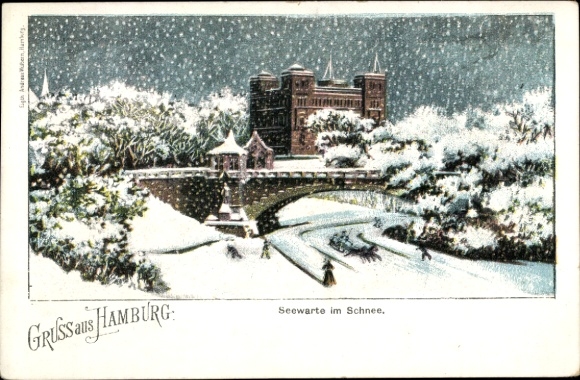 Postcard Hamburg Mitte St. Georg, Seewarte in the snow, winter landscape, snow, bridge