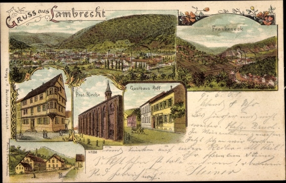 Chromo-Litho Lambrecht in the Palatinate, Frankeneck, Prot. Church, Inn Ruff