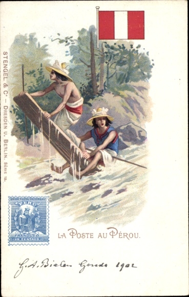Postzegellitho Het postkantoor in Peru, rivier, vlot