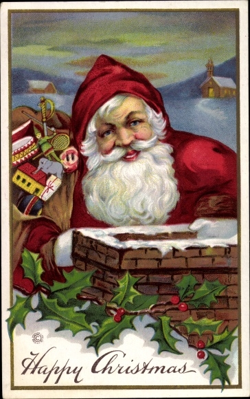 Ak Glückwunsch Weihnachten, Weihnachtsmann mit Geschenkesack, Schornstein, Stechpalmenzweige