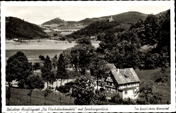 KP Witzenhausen an der Werra Hesse, Flachsbachmühle z widokiem na Zweiburgen