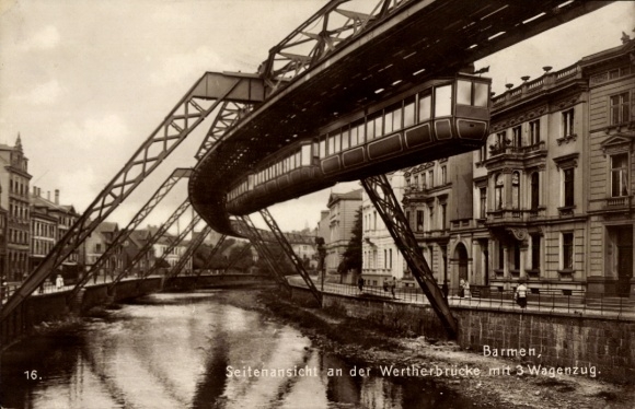 Postcard Barmen Wuppertal, suspension railway at the Werther Bridge with 3 carriage train