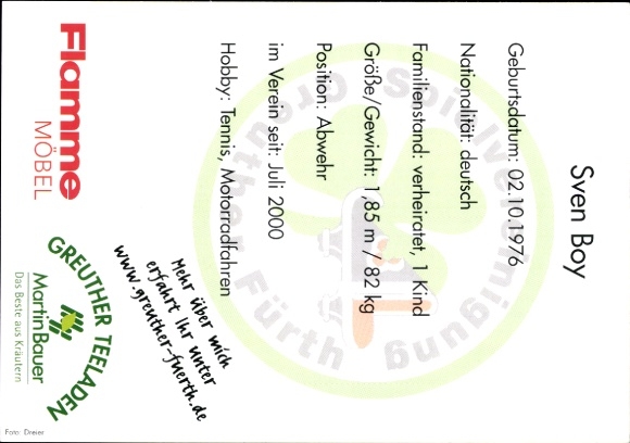 Autograph card footballer Sven Boy, SpVgg Greuther Fürth, autograph