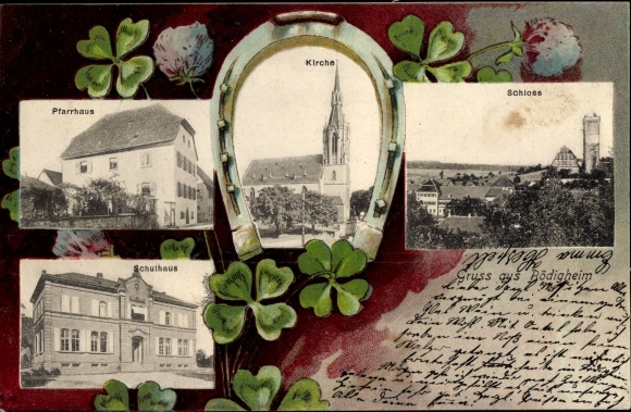passe-partout ansichtkaart Bödigheim Buchen im Odenwald Baden, kasteel, kerk, pastorie, schoolgebouw
