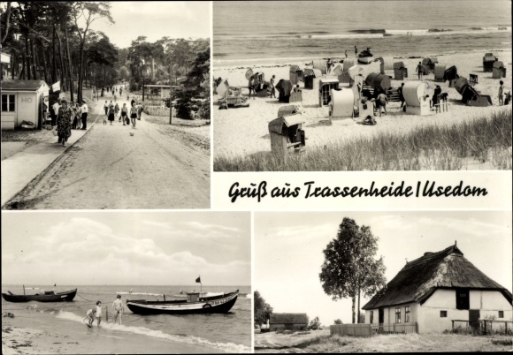 Postcard Trassenheide on Usedom, house, beach, beach chairs, fishing boat