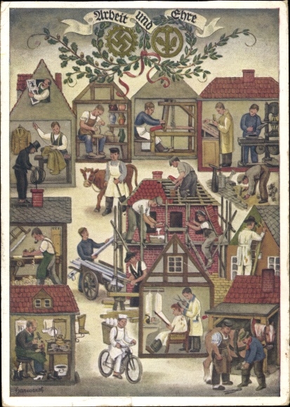 Artist PC Reichs Handwerkertag 1936, work and honor, hairdresser, baker, potter, chimney sweep