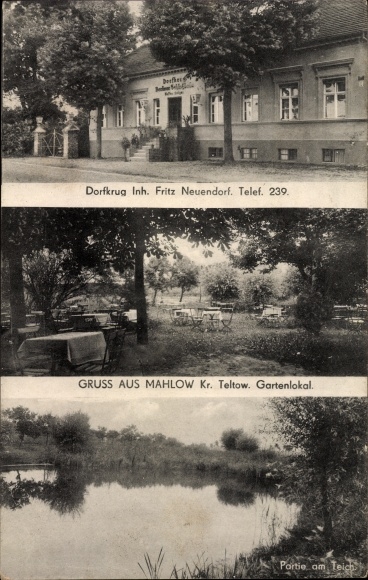 Ak Blankenfelde Mahlow Teltow Fläming, Dorfkrug, Inh. Fritz Neuendorf, Teichpartie, Gartenpartie