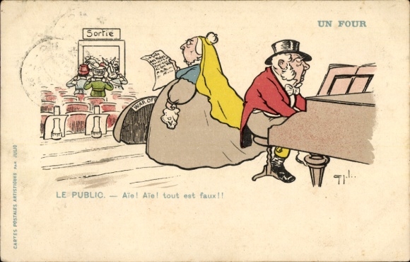 Postcard Boer War, caricature, Queen Victoria, fiasco, audience, John Bull at the piano