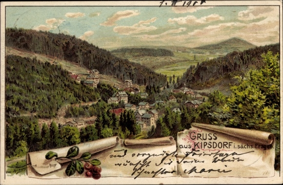 Artist Chromo-Litho Spindler, Erwin, Kipsdorf Altenberg in the Ore Mountains, town with a view of the landscape