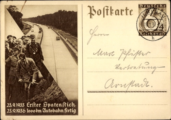 Ganzsachen Ak Adolf Hitler, Bau der Reichs-Autobahn, Erster Spatenstich 23.9.1933