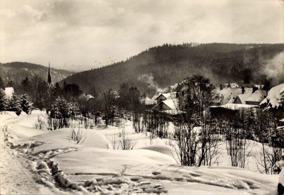 Postcard Schierke Wernigerode in the Harz Mountains, snowy landscape, village view, church, wintery atmosphere